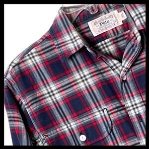 Vintage Men's Polo 100% Cotton‎ Red Plaid Long Sleeve Shirt Great Cond - Size M